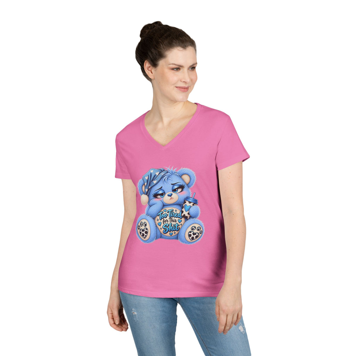 MooStache Sassy Bear Ladies' V-Neck Tee | Too Tired Bear