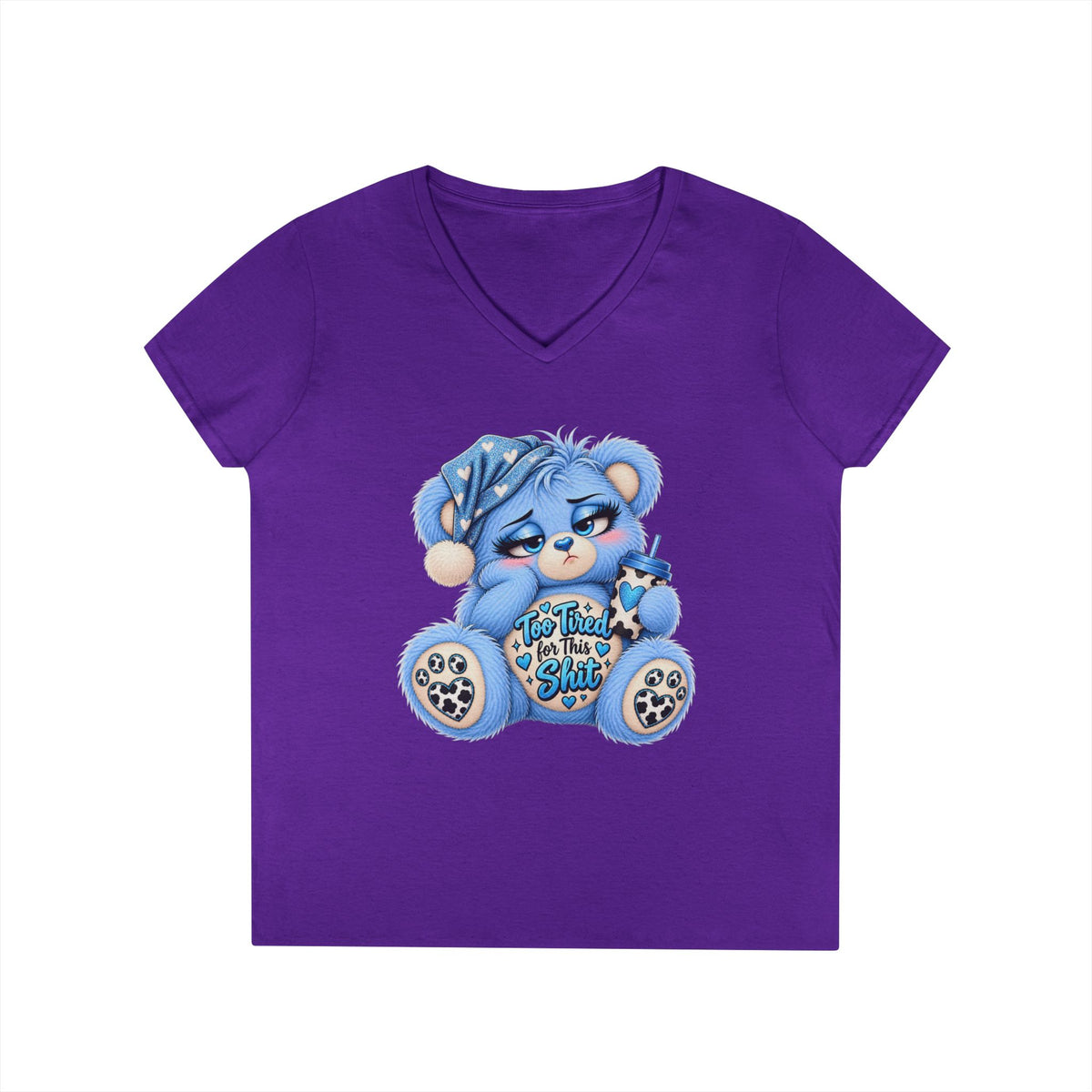 MooStache Sassy Bear Ladies' V-Neck Tee | Too Tired Bear