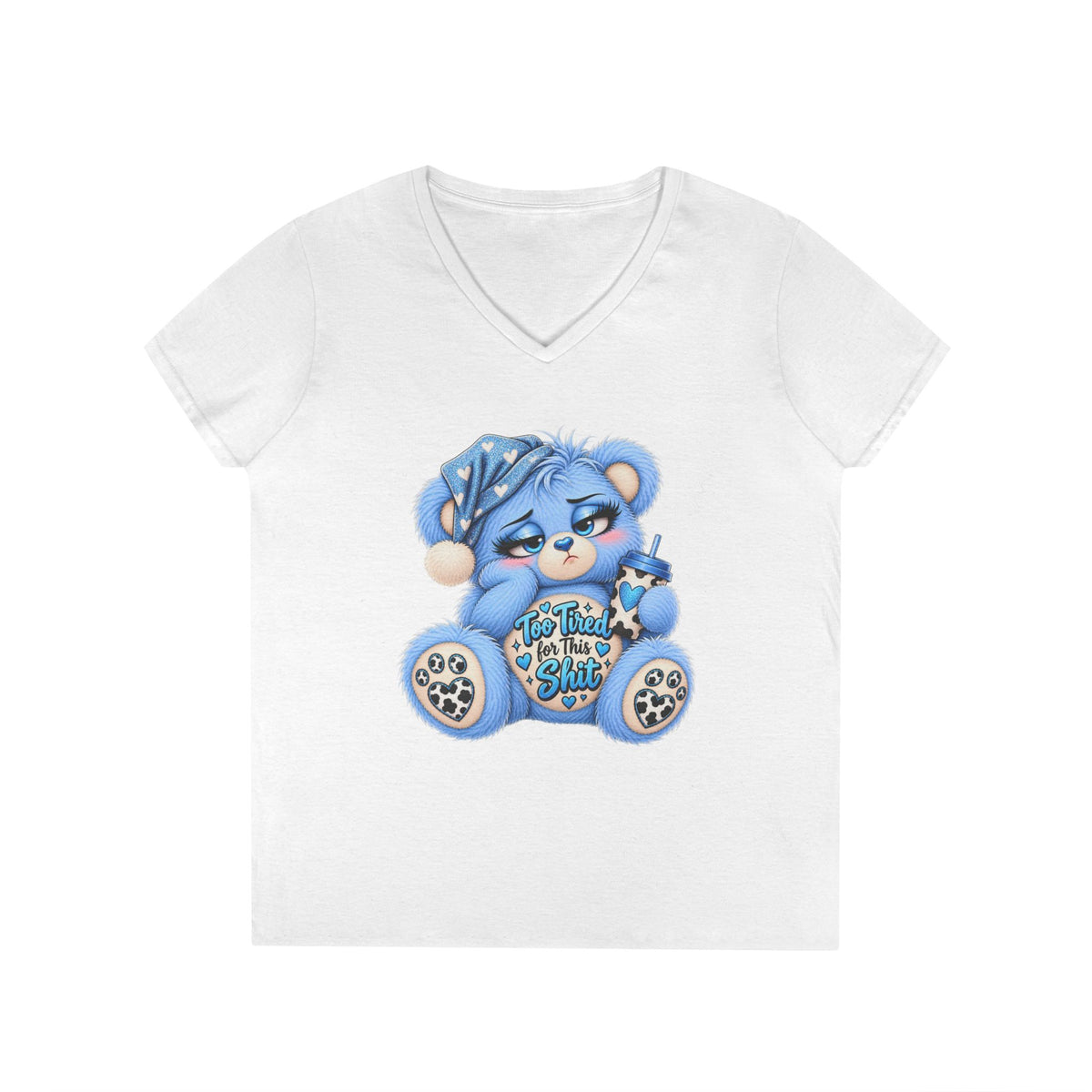MooStache Sassy Bear Ladies' V-Neck Tee | Too Tired Bear