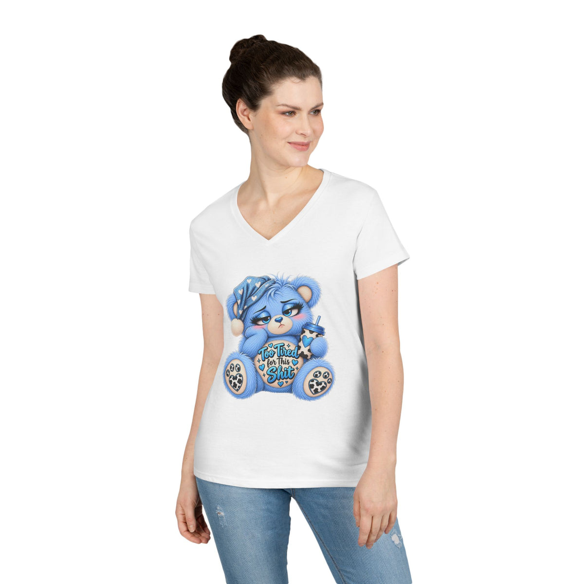 MooStache Sassy Bear Ladies' V-Neck Tee | Too Tired Bear