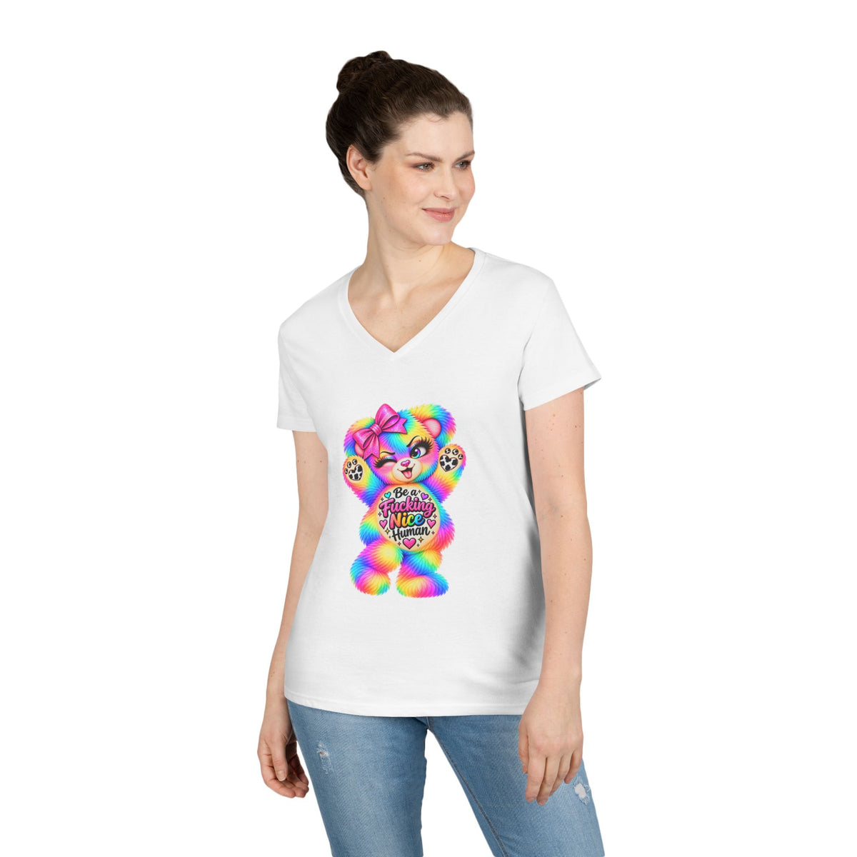 MooStache Sassy Bear Ladies' V-Neck Tee | Nice Human Bear