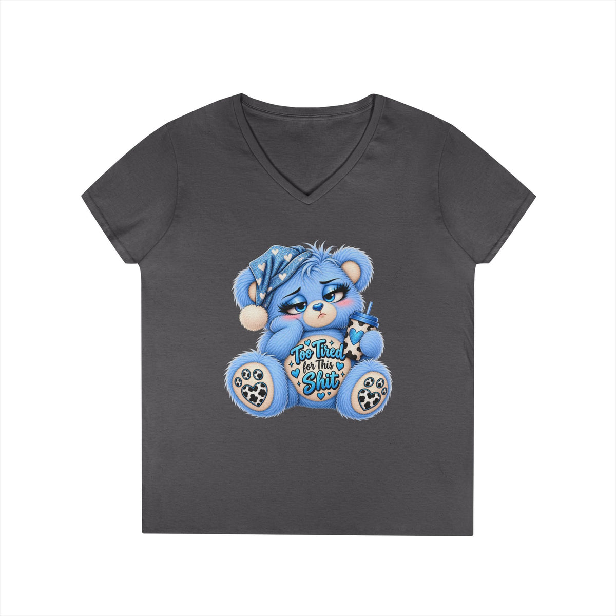 MooStache Sassy Bear Ladies' V-Neck Tee | Too Tired Bear