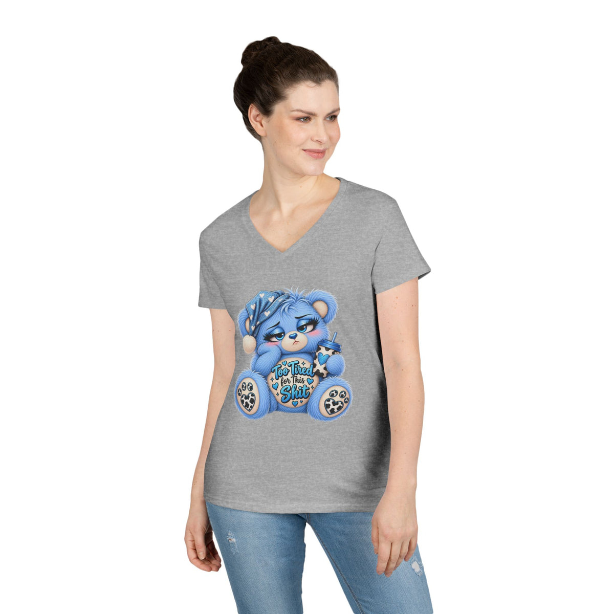 MooStache Sassy Bear Ladies' V-Neck Tee | Too Tired Bear