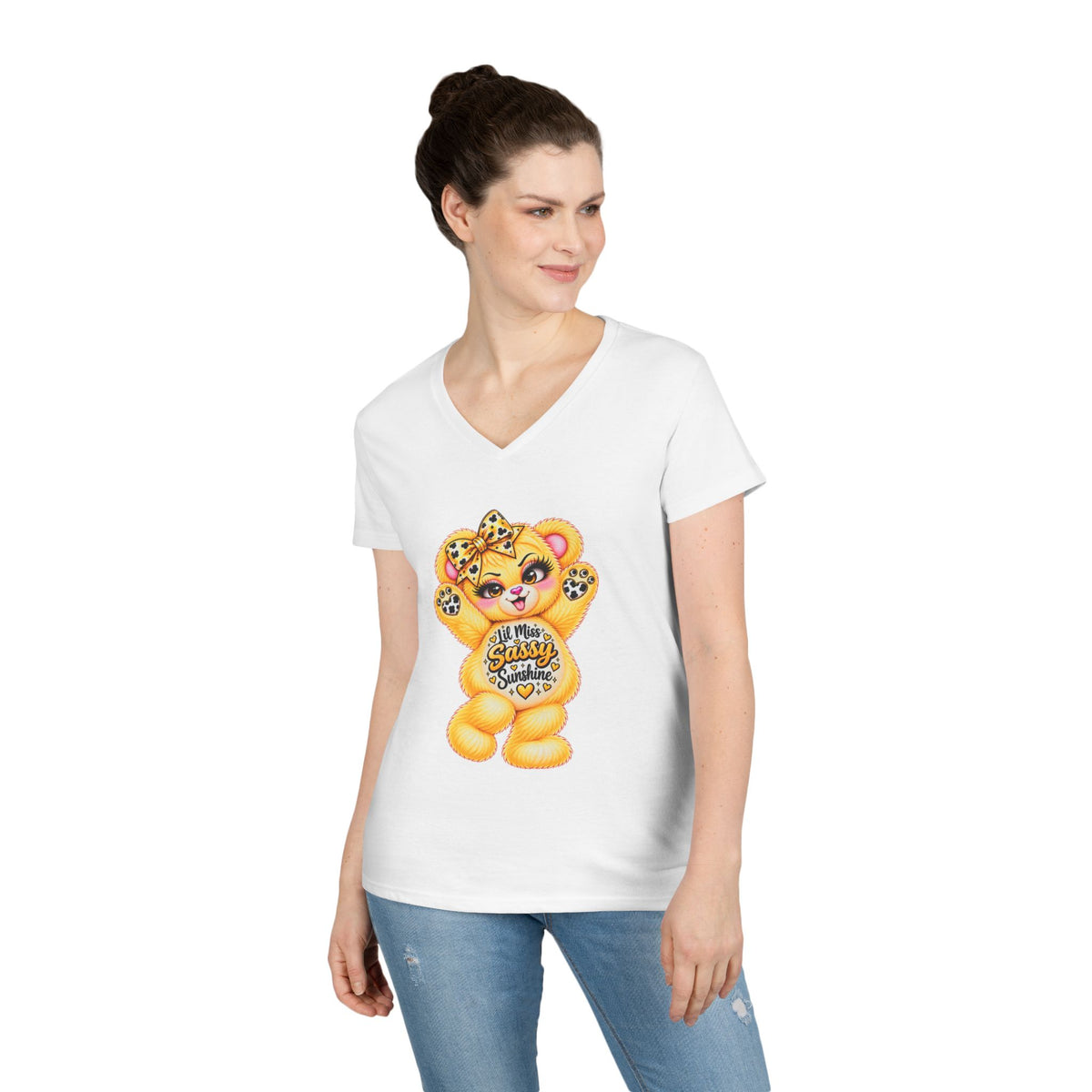 MooStache Sassy Bear Ladies' V-Neck Tee | Lil Miss Bear