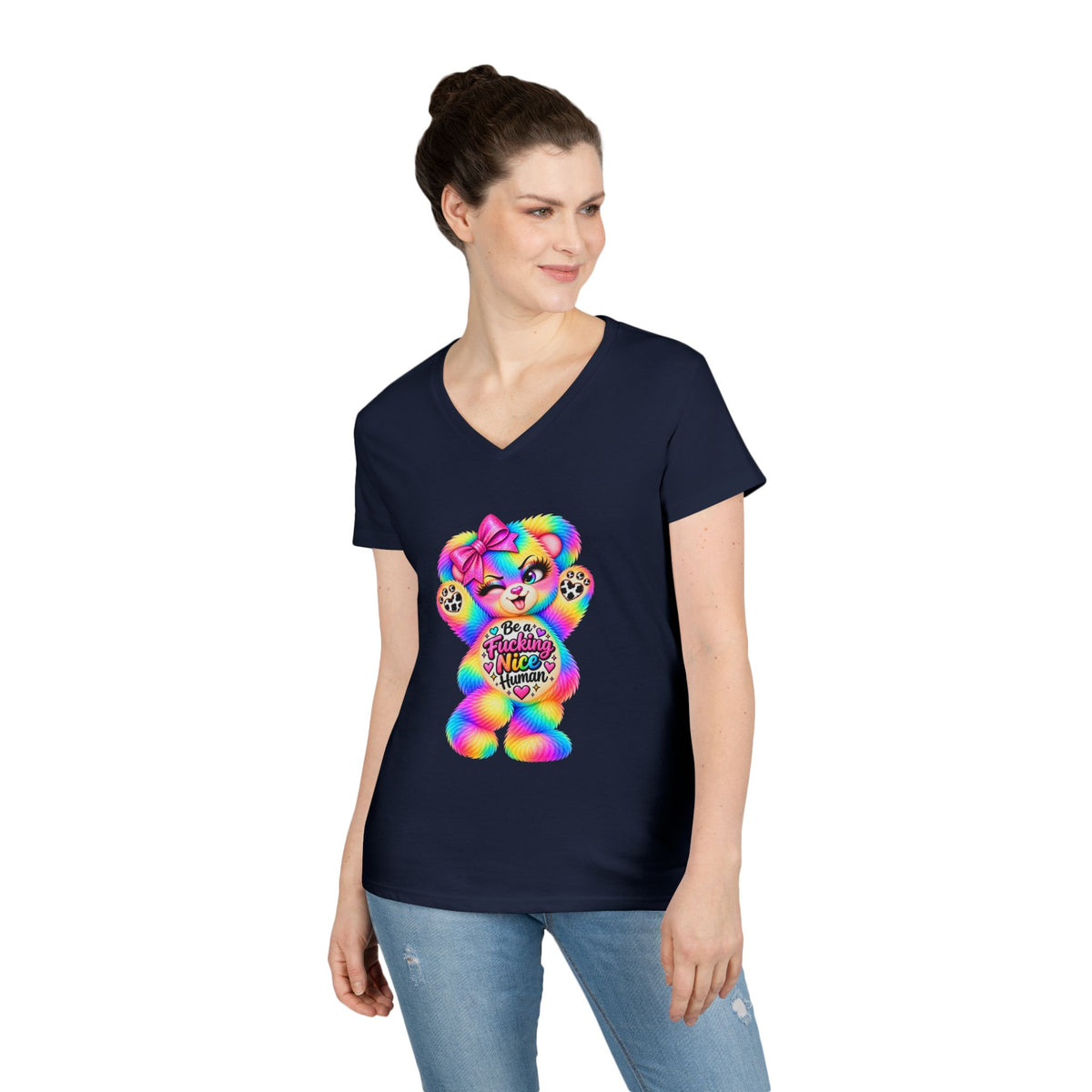 MooStache Sassy Bear Ladies' V-Neck Tee | Nice Human Bear