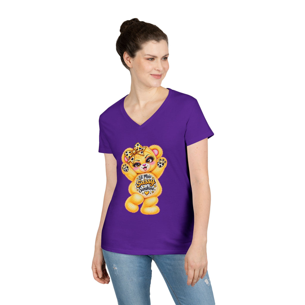 MooStache Sassy Bear Ladies' V-Neck Tee | Lil Miss Bear