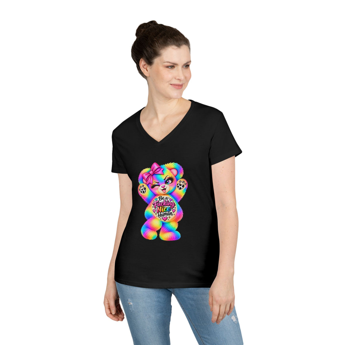 MooStache Sassy Bear Ladies' V-Neck Tee | Nice Human Bear