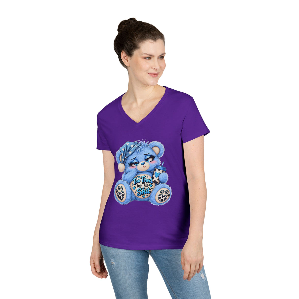 MooStache Sassy Bear Ladies' V-Neck Tee | Too Tired Bear