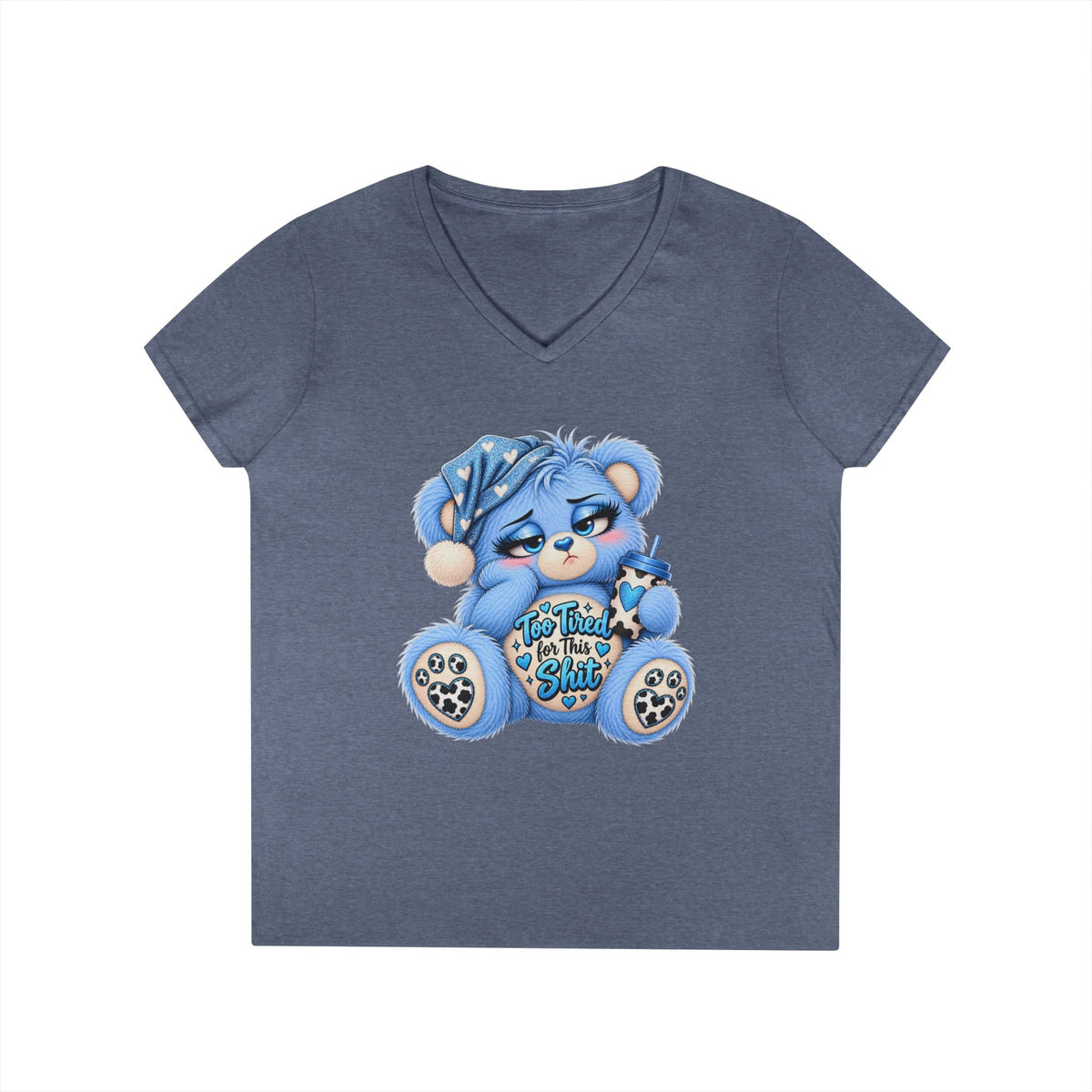MooStache Sassy Bear Ladies' V-Neck Tee | Too Tired Bear