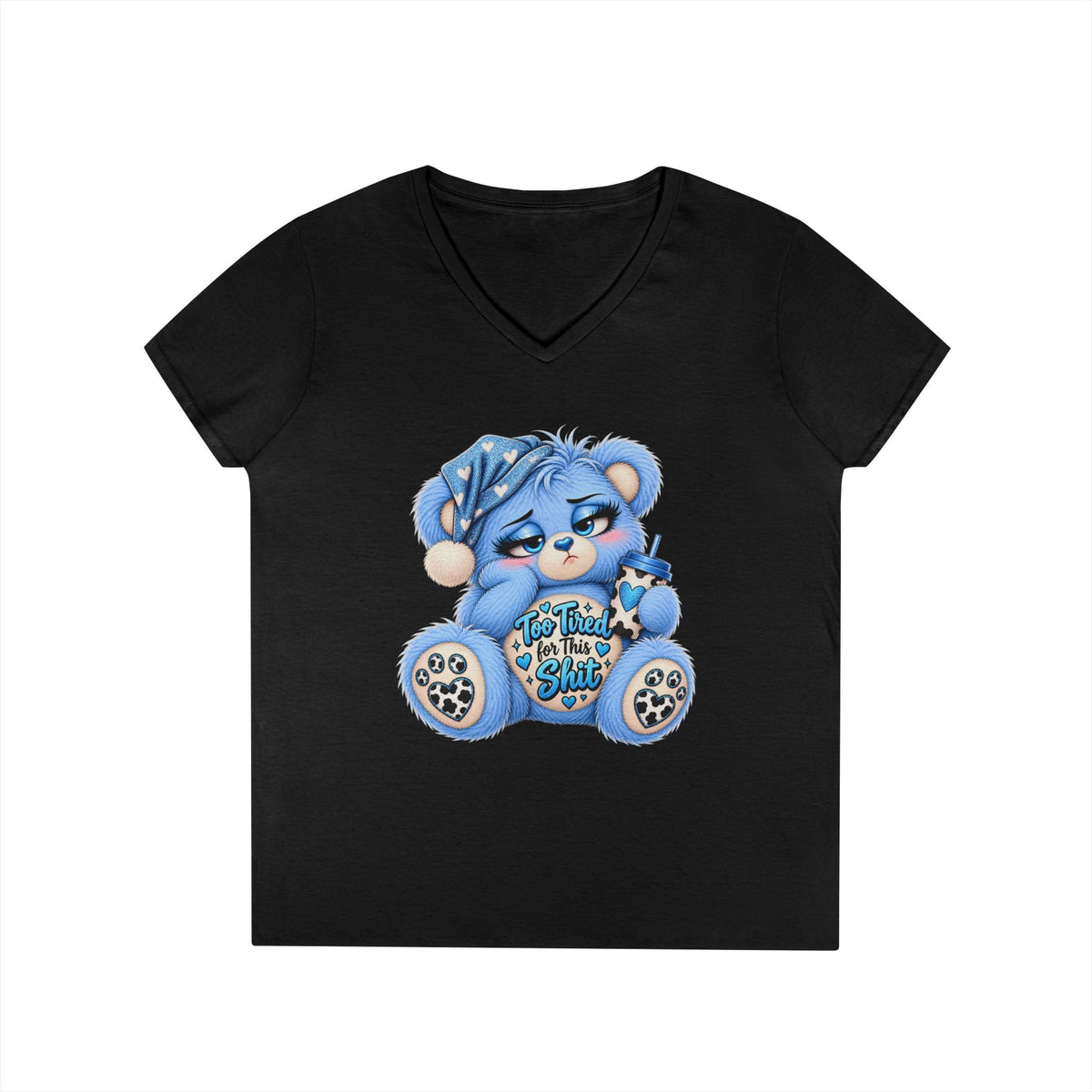 MooStache Sassy Bear Ladies' V-Neck Tee | Too Tired Bear