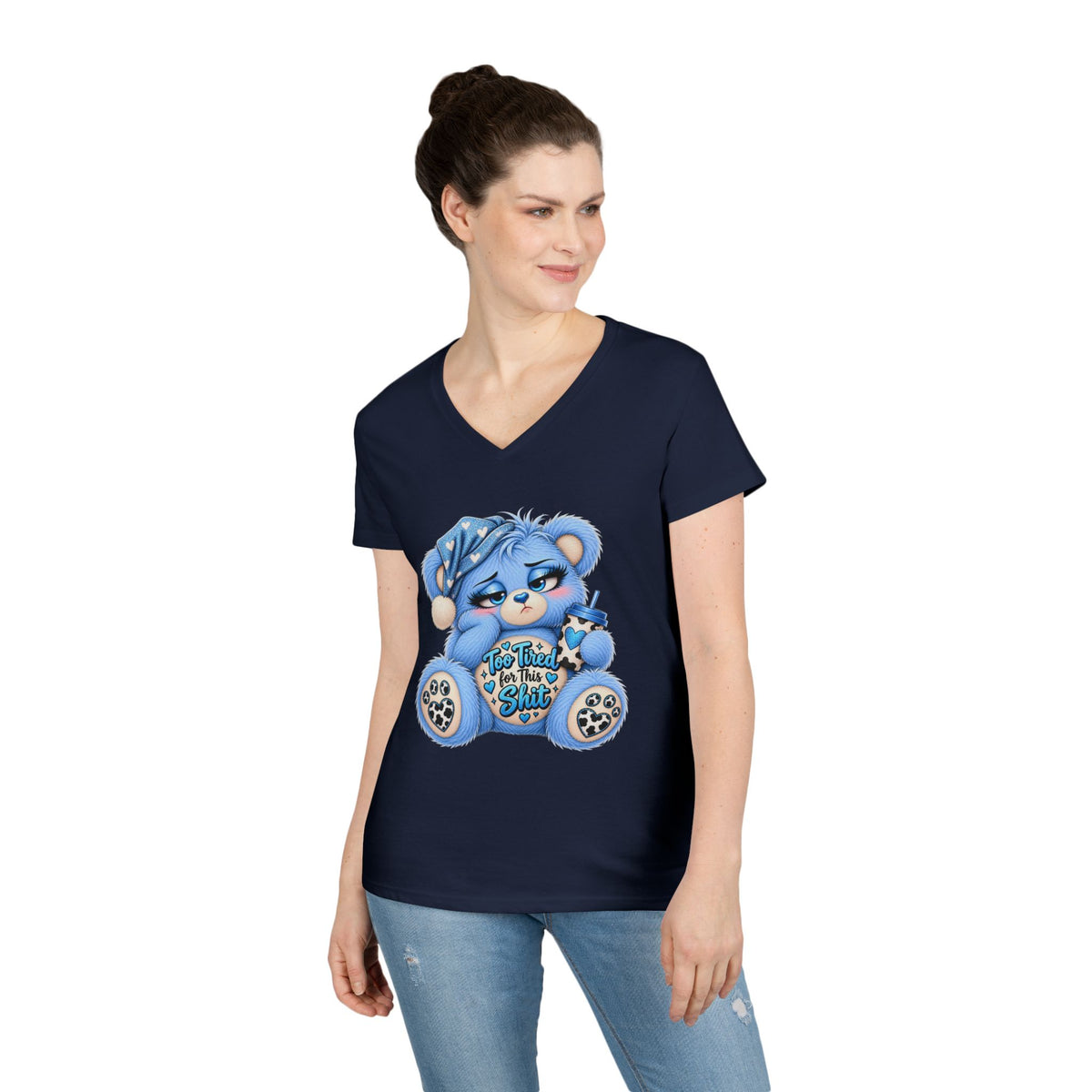 MooStache Sassy Bear Ladies' V-Neck Tee | Too Tired Bear