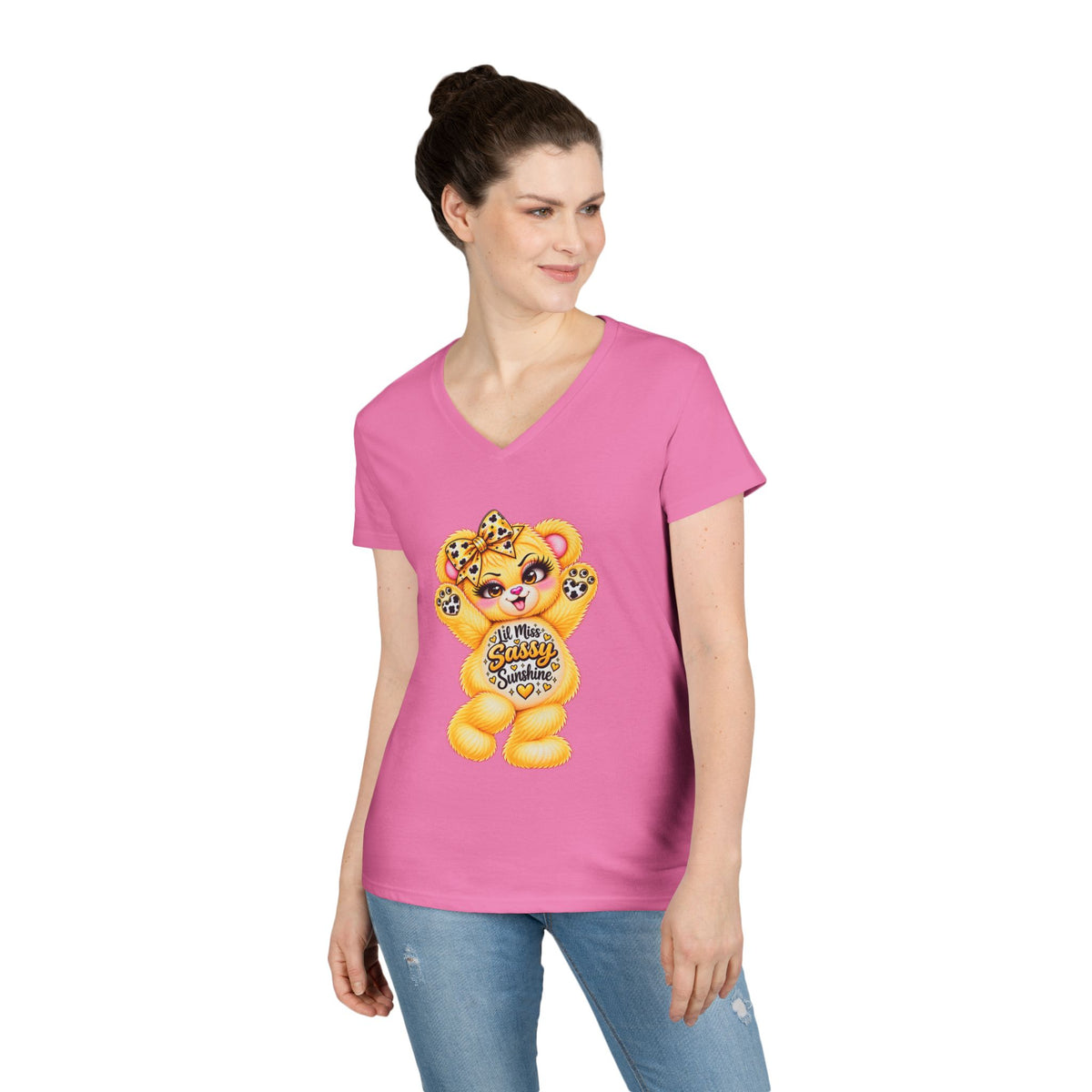 MooStache Sassy Bear Ladies' V-Neck Tee | Lil Miss Bear