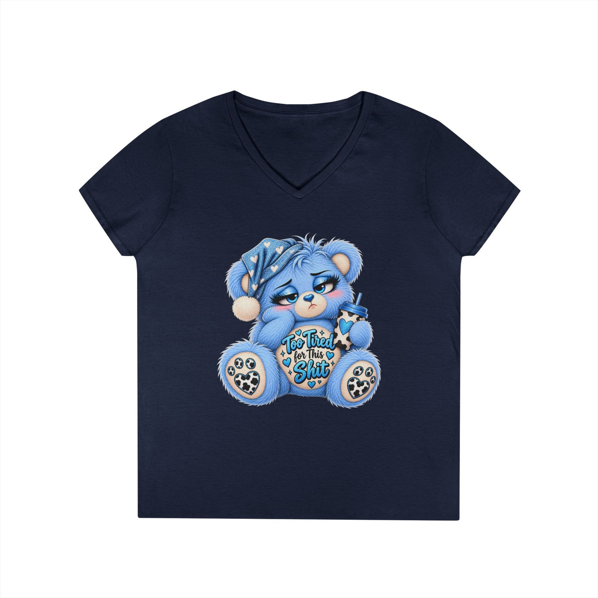 MooStache Sassy Bear Ladies' V-Neck Tee | Too Tired Bear