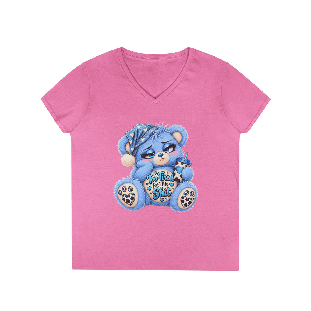 MooStache Sassy Bear Ladies' V-Neck Tee | Too Tired Bear
