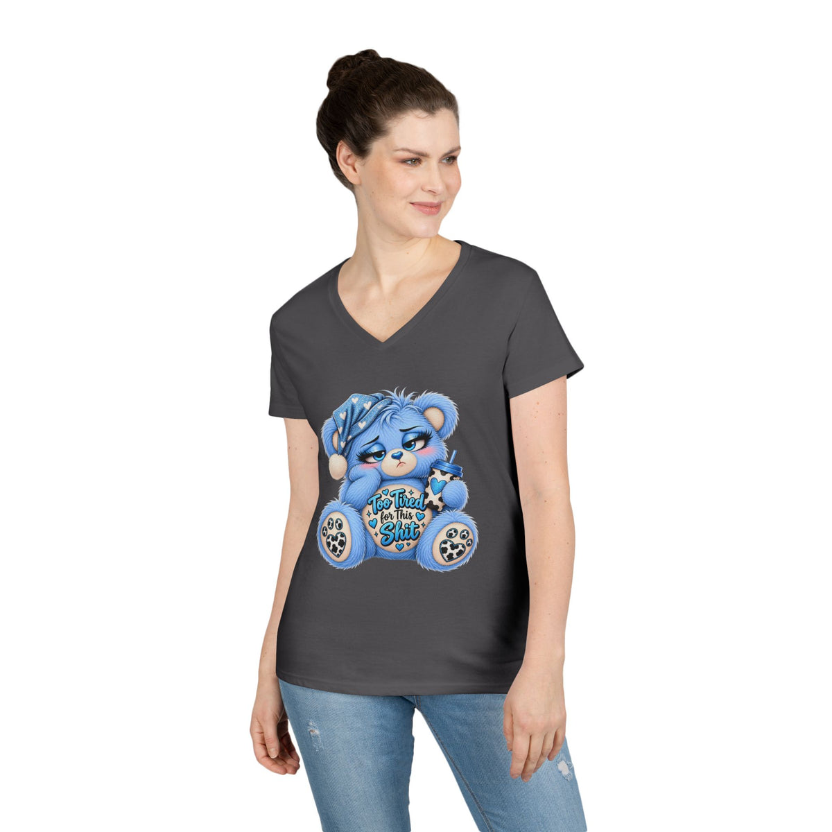 MooStache Sassy Bear Ladies' V-Neck Tee | Too Tired Bear