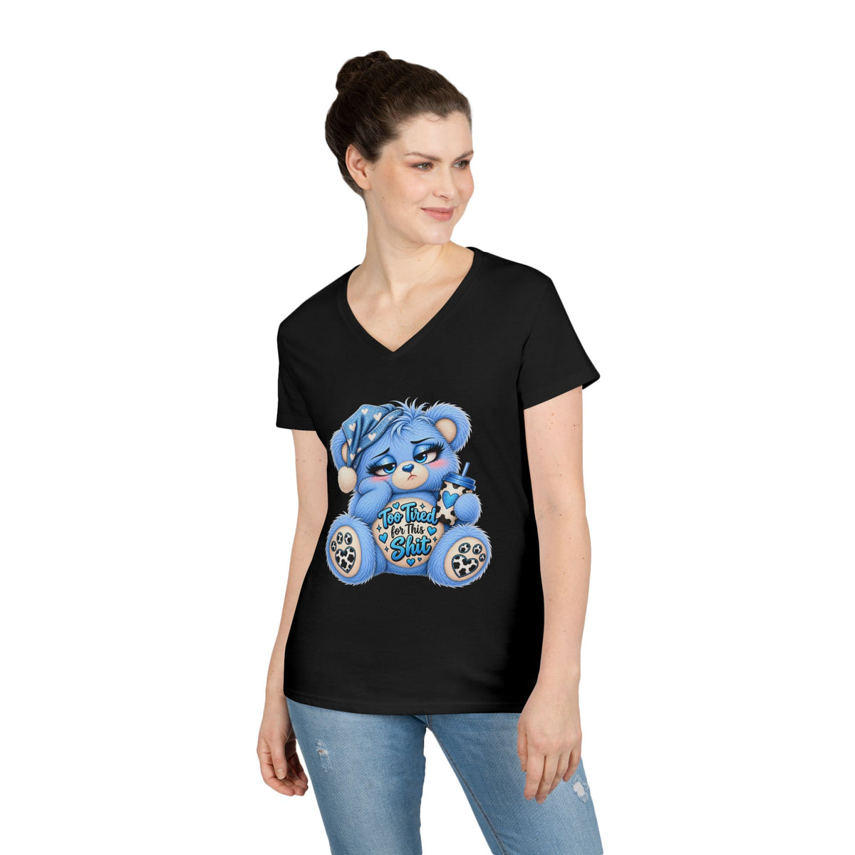 MooStache Sassy Bear Ladies' V-Neck Tee | Too Tired Bear