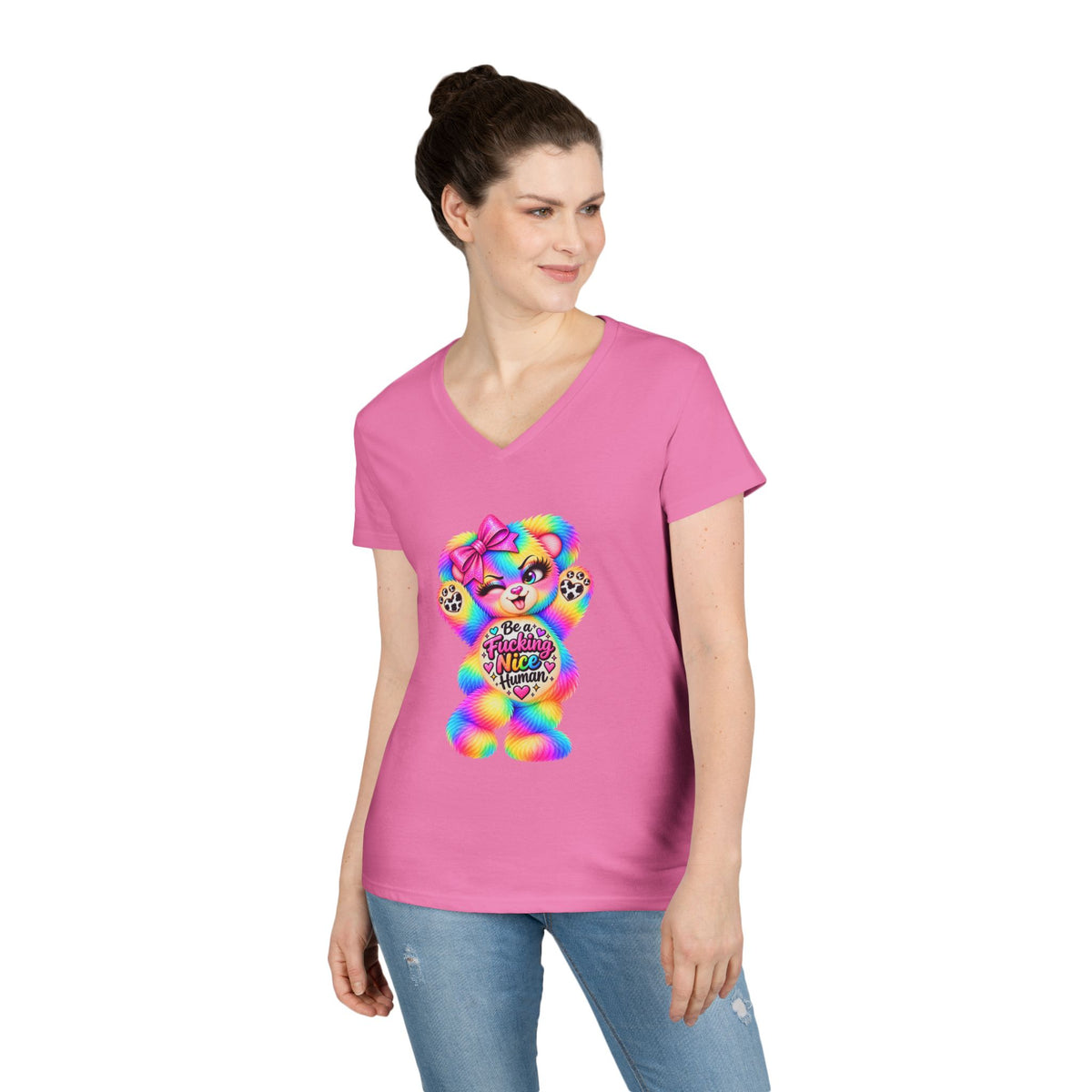 MooStache Sassy Bear Ladies' V-Neck Tee | Nice Human Bear