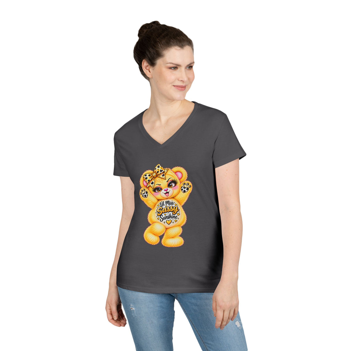 MooStache Sassy Bear Ladies' V-Neck Tee | Lil Miss Bear