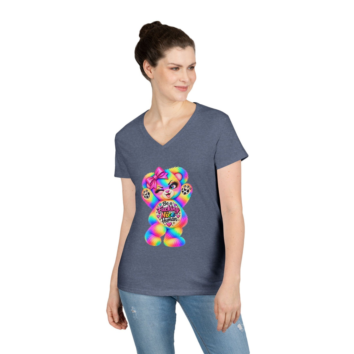 MooStache Sassy Bear Ladies' V-Neck Tee | Nice Human Bear
