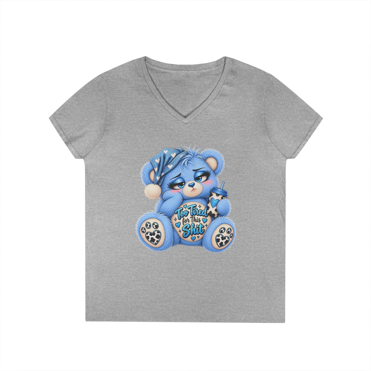 MooStache Sassy Bear Ladies' V-Neck Tee | Too Tired Bear