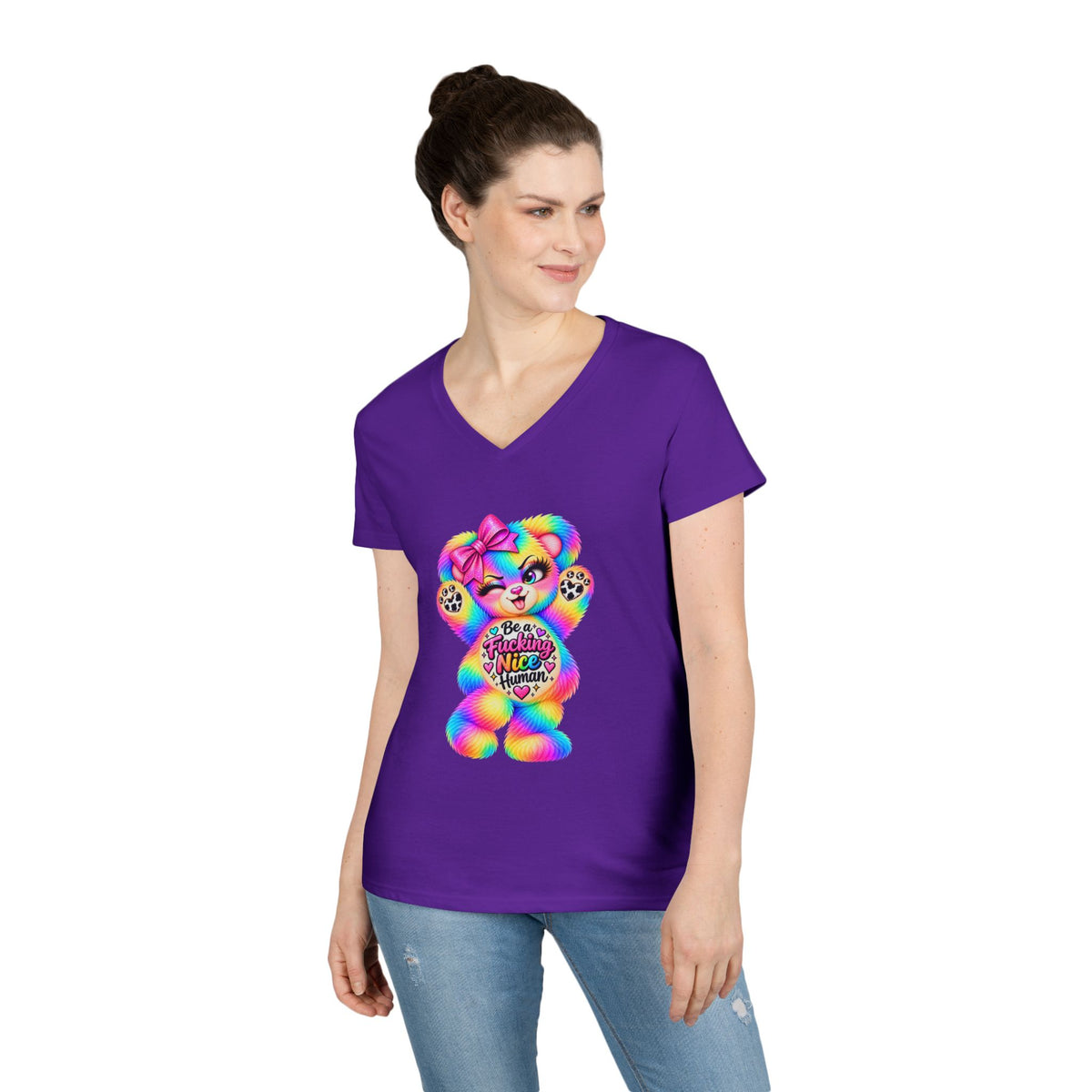 MooStache Sassy Bear Ladies' V-Neck Tee | Nice Human Bear