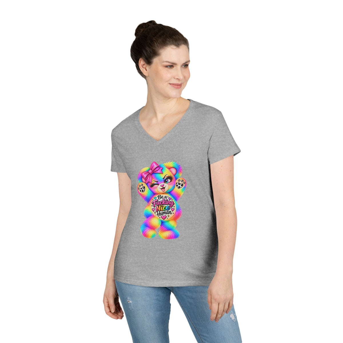 MooStache Sassy Bear Ladies' V-Neck Tee | Nice Human Bear