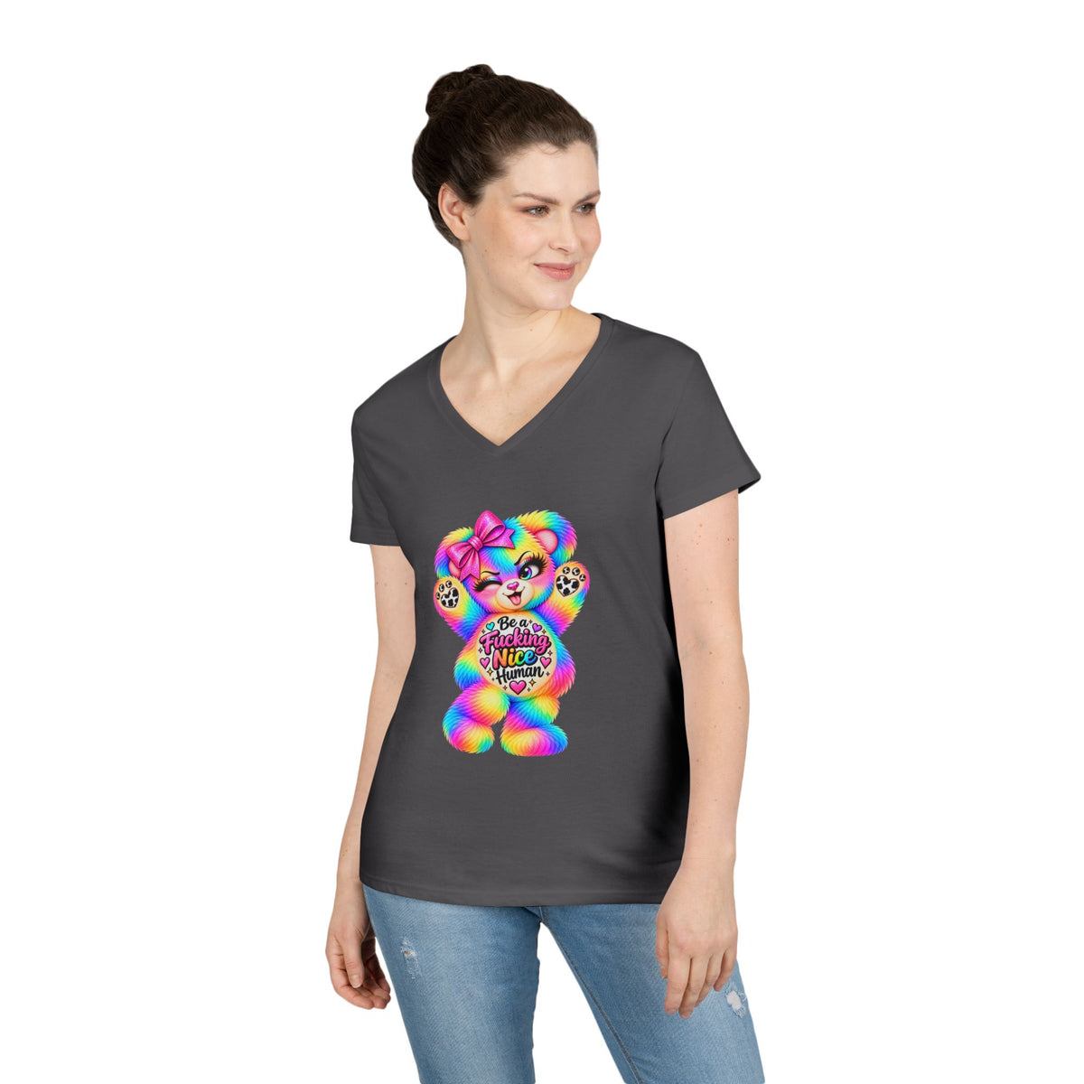 MooStache Sassy Bear Ladies' V-Neck Tee | Nice Human Bear