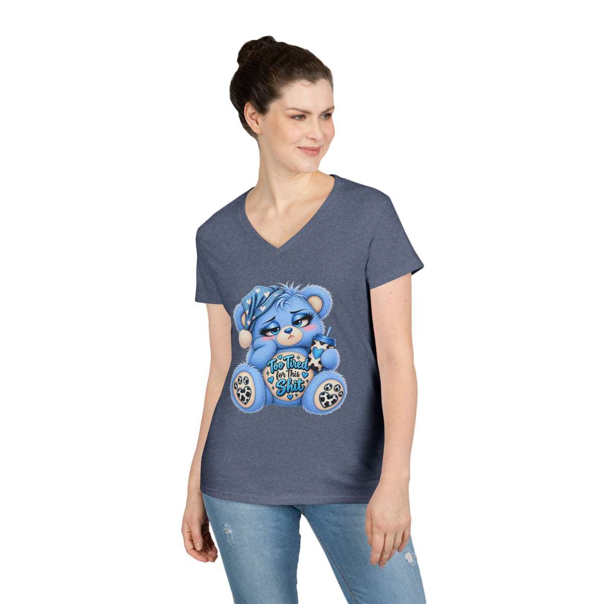 MooStache Sassy Bear Ladies' V-Neck Tee | Too Tired Bear